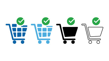 A series of shopping cart icons are displayed varying in color and style each marked with a green checkmark symbol high quality professional detailed modern elegant © MdRafiqul