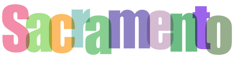 Colorful Sacramento text with overlapping letters in pastel pink, green, orange, and purple, creating a vibrant and playful typographic design for travel or local themes © Drago Designer