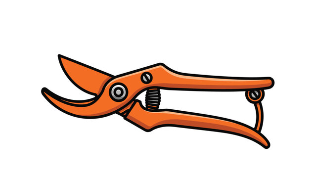 Detailed illustration of orange handled garden pruning shears or secateurs used for cutting branches and maintaining plants in a backyard garden.