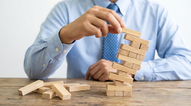 Businessman hand rebuilding falling wooden blocks for business recovery and risk management strategy
