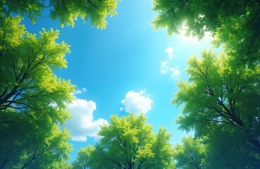 Fototapeta premium Looking up through rich green trees at a clear blue sky with white clouds. Bright sunlight filters through leaves, creating a fresh, natural scene perfect for spring or summer.