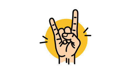 Fototapeta premium Stylized illustration of a hand making the rock and roll or devil horns sign in front of a bright yellow circle to symbolize music and energy.
