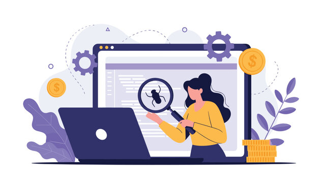 Female developer using a magnifying glass to search for bugs and errors in computer code displayed on a large monitor screen.