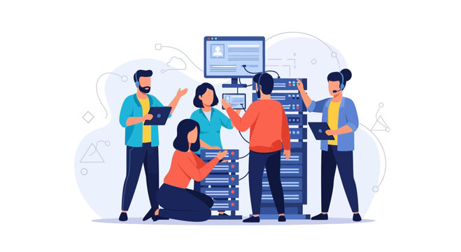 IT Team Working on Servers and Computers in Data Center