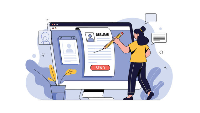 Young woman using a pencil to fill out a job resume document on a computer monitor for a digital career application process.