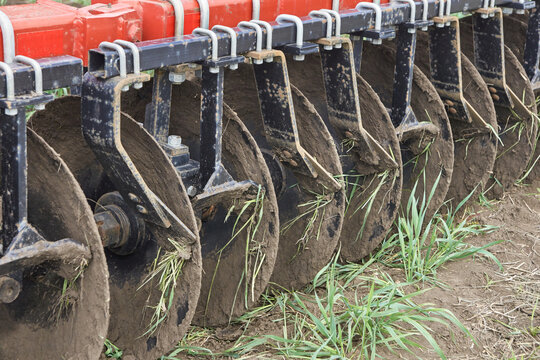 Close up of agricultural disc harrow blades cutting soil with grass in field during cultivation process.