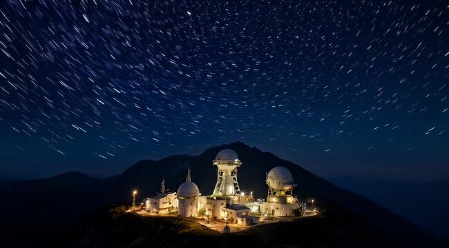 Spectacular long exposure of illuminated observatory under a swirling night sky