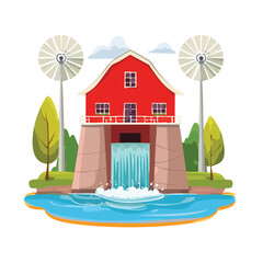 Fototapeta premium Cartoon red barn with waterfall and wind turbines on white background