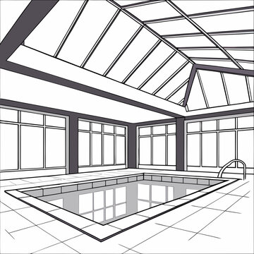A large indoor swimming pool with a glass roof