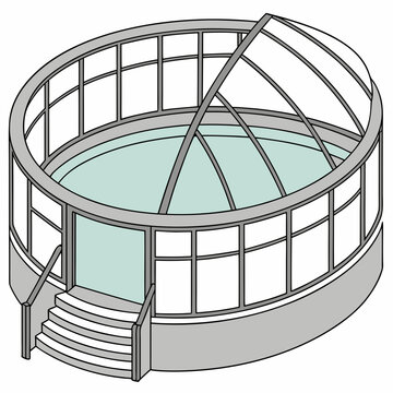 A round swimming pool with a metal fence
