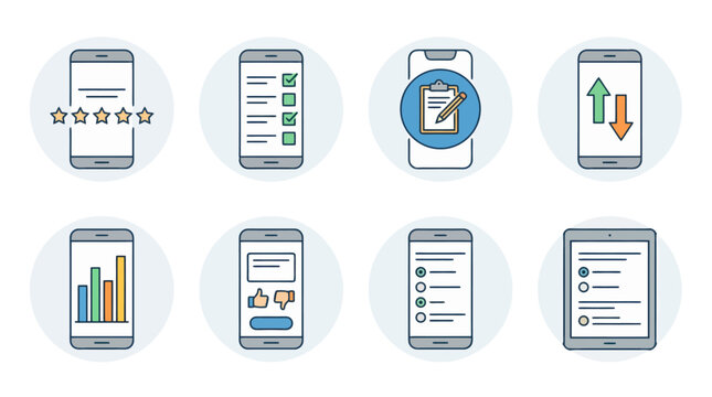 Colorful Line Art Mobile Device Icons for App Functions and Digital Services.