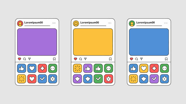 Three smartphone screens display social media posts with different colored backgrounds and interactive icon sets below each high quality professional detailed modern elegant stylish clean crisp