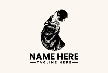 Fototapeta premium A black and white illustration of a bird-like creature with a circular object, accompanied by placeholder text for a logo or brand name on a beige background.