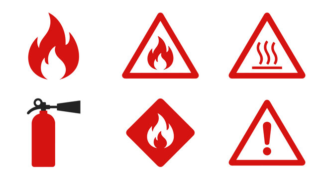 Set of red and black flat vector fire safety and hazard warning icons including flame extinguisher hot surface and general caution symbols.