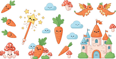 Cute fantasy carrot characters collection with magic wand castle dragons clouds mushrooms and stars whimsical cartoon vegetable fairytale elements vector illustration set © Shefali