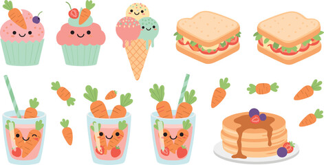 Cute carrot themed desserts and drinks collection with cupcakes ice cream sandwiches smoothies and pancakes adorable cartoon food characters vector illustration set