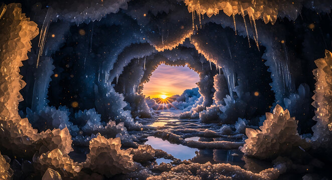 Hot air balloon glowing over fire in a dark cave at night