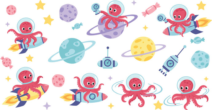 Cute octopus astronauts in space collection with rockets planets stars candy and robots adorable cartoon sea creature cosmonauts vector illustration set