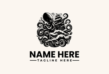 Black and white illustration of a stylized octopus wrapped around a horn, surrounded by swirling waves and curls, with a placeholder name and tagline on a beige background. © vectorvovdesign