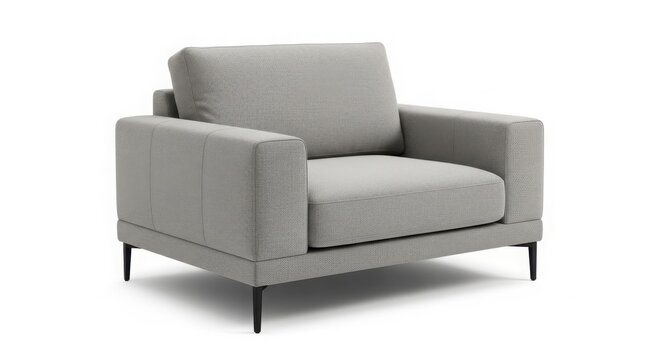 Modern Grey Fabric Armchair Product Shot with Minimalist Design and Black Metal Legs isolated on White Background