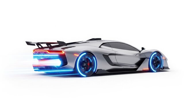 Modern Futuristic Silver Supercar Concept with Glowing Blue LED Wheels and Neon Lights isolated on White Background