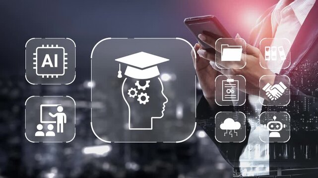 Innovative Technology and Artificial Intelligence for Education and Learning with Modern User Interface Elements, Businessman Holding Smartphone at Night Gluon.