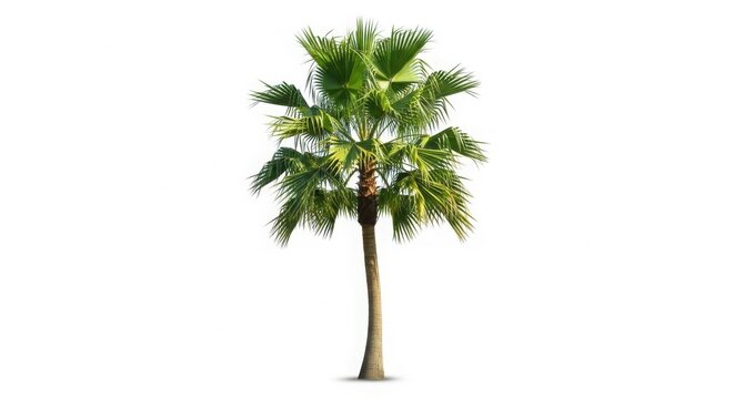 Tropical Fan Palm Tree with Lush Green Fronds and Textured Slender Trunk isolated on White Background