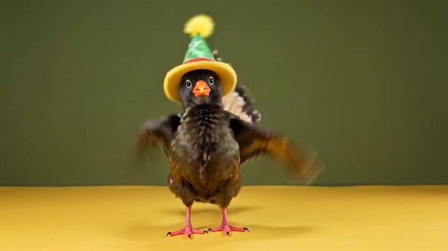 Cute funny turkey bird performing a goofy dance, classic pilgrim hat with golden buckle, joyful Thanksgiving celebration concept, minimal yellow background with copy space, cartoon style