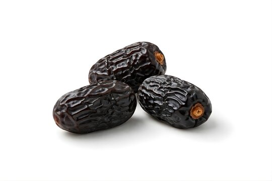 Ajwa Dates Minimal Trio Isolated on White Background, عجوة, کھجور, تمر, hurma, Premium Madinah Khajoor Dried Fruit Packshot, Healthy Organic Ramadan Snack Ingredient Food Product Photo