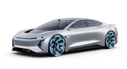 Naklejka premium Sleek Silver Futuristic Concept Car 3D Render with Glowing Blue Wheels and Aerodynamic Design isolated on White Background