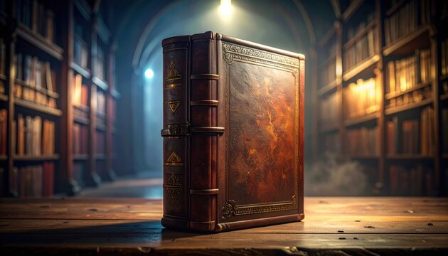 An antique leather-bound book with gold embossed title and decorative clasps rests on a wooden surface within a dimly lit library hall.