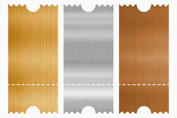 Gold, silver, bronze ticket template set. Empty coupons blank and ticket with number, barcode....