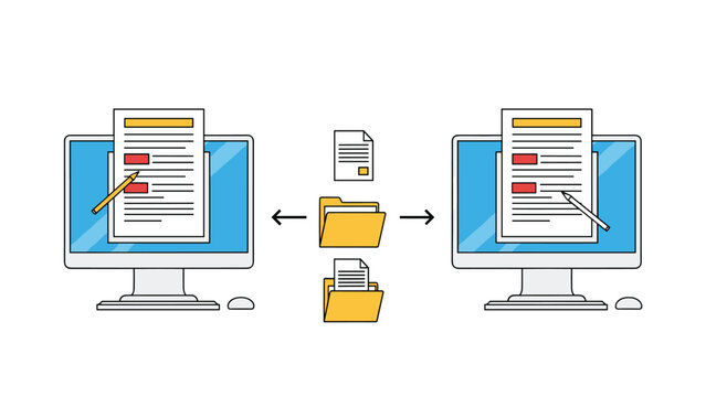 Collaborative document editing concept showing two computers working on the same file with folders and pens for data synchronization.
