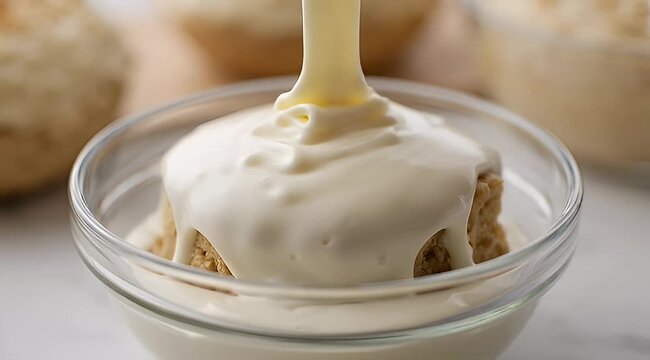 Creamy white sauce being poured over a dessert in a glass bowl