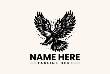 Obraz premium A black and white illustration of an eagle in flight with outstretched wings, surrounded by dynamic lines and dots, forming a logo with a placeholder name and tagline on a clean background.