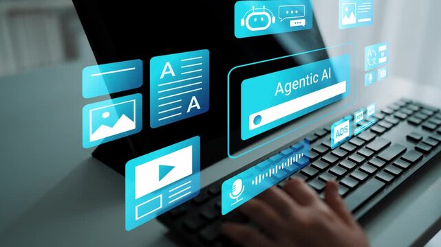 Hands Typing on Keyboard with Digital Interface Showcasing Agent AI Features and Applications in Modern Technology and Business Environments Gluon.