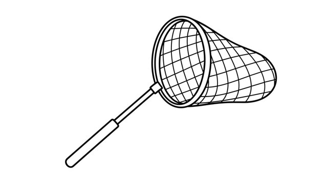Simple black and white line drawing of a long-handled net used for catching butterflies, insects, or fish in a mesh bag.