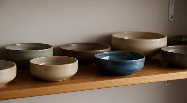 Arrangement of various handcrafted ceramic bowls in muted tones on wooden shelf