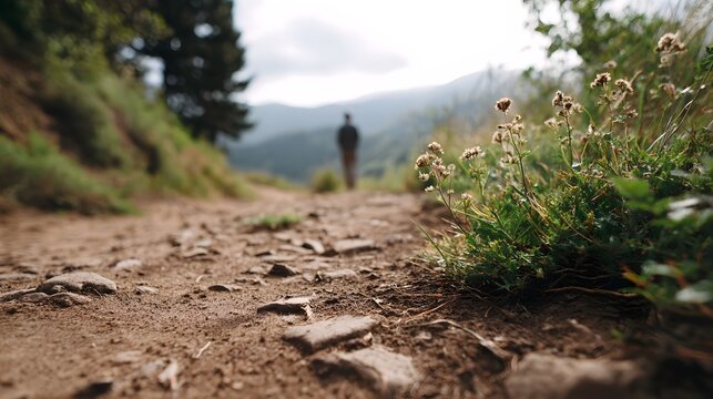 A solitary figure walks along a dusty mountain trail from a low angle perspective with lush greenery and distant hills