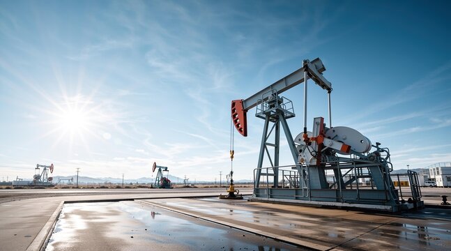 Oil pumpjack extracting petroleum in an industrial field. Oil rig equipment for fossil fuel energy production. Extraction of raw material and global power resource industrial concept.