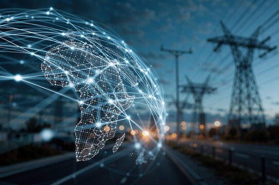 Africa globe hologram with digital network connection lines. Global communication technology and energy transmission concept. Smart power grid infrastructure with electricity pylon at evening.