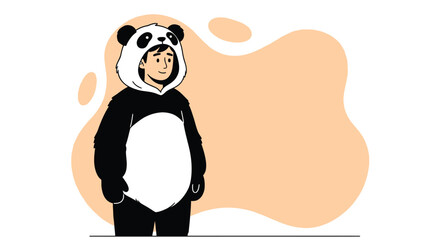 Smiling person in a comfortable fluffy panda costume, depicted in a charming minimalist flat illustration style with a subtle background. © Rina