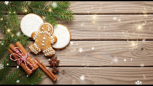 A rustic wooden table with pine branches, cookies, and spices on a snowy background