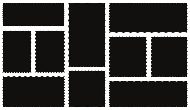 Set of black wavy edge frames. Rectangle shape frame with zigzag edge. Rectangular zigzag curved box.  Geometric shapes with scallop and zigzag edges set.  