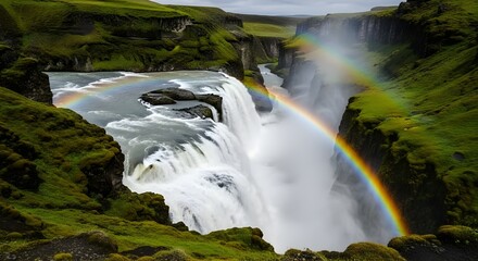 Naklejka premium Celebrating World Water Day with a serene waterfall scene featuring a vibrant rainbow in a lush green landscape with natural beauty and wonder on a cloudy day
