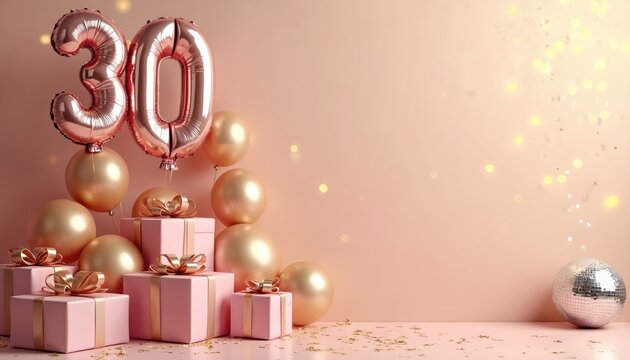 Rose gold balloons and gifts celebrate thirtieth birthday. Pink boxes with gold ribbons and shiny disco ball decorate festive party. Special milestone event with confetti.