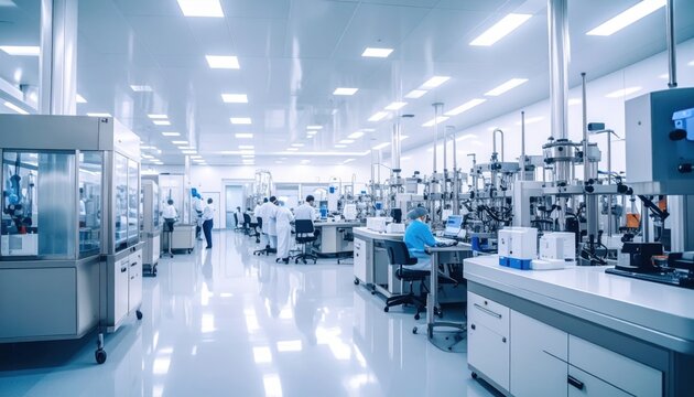 Panoramic view of a modern pharmaceutical research facility with advanced laboratory equipment and scientists working in a sterile, bright environment.