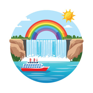 Colorful illustration of a rainbow waterfall and cruise ship on a sunny day