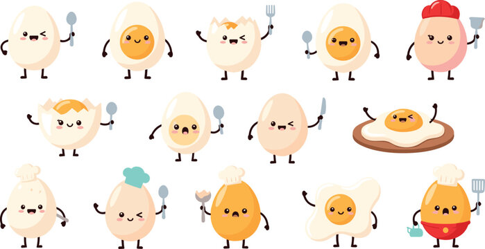 Cute cartoon egg characters collection with cracked shell fried egg toast and chef eggs holding spoon adorable breakfast food mascot vector illustration set