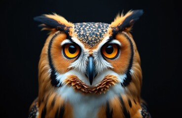 Obraz premium Close-up portrait of Great Horned owl showing sharp orange eyes, detailed feathers. Wild bird of prey stares intently with piercing gaze against stark black background, conveying wisdom, vigilance.